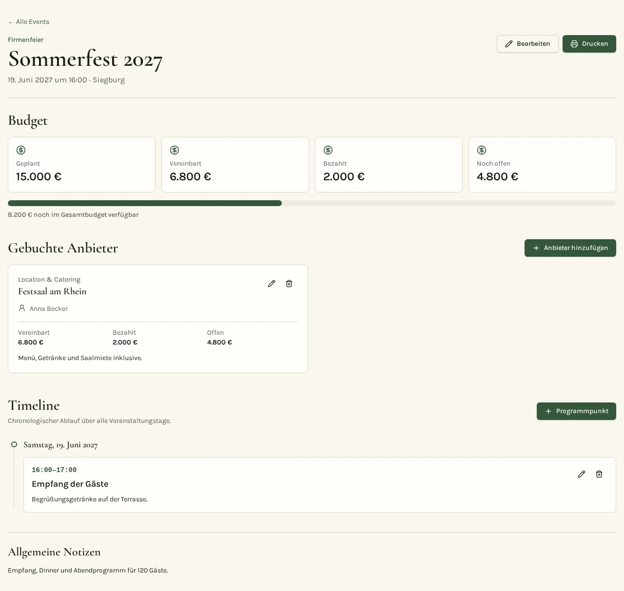 Screenshot eines einzelnen Eventplans: Gesamtbudget mit vereinbarten und bezahlten Beträgen, Liste der eingeplanten Anbieter mit Status sowie der zeitliche Ablauf des Events