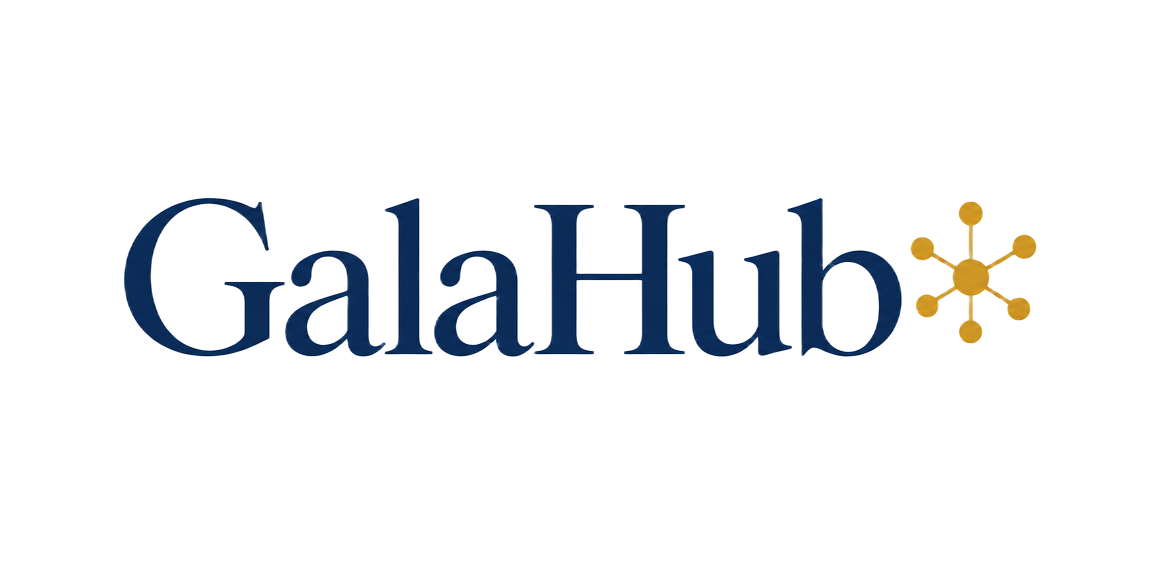 GalaHub Logo: Schriftzug in Dunkelblau mit goldenem Netzwerk-Symbol