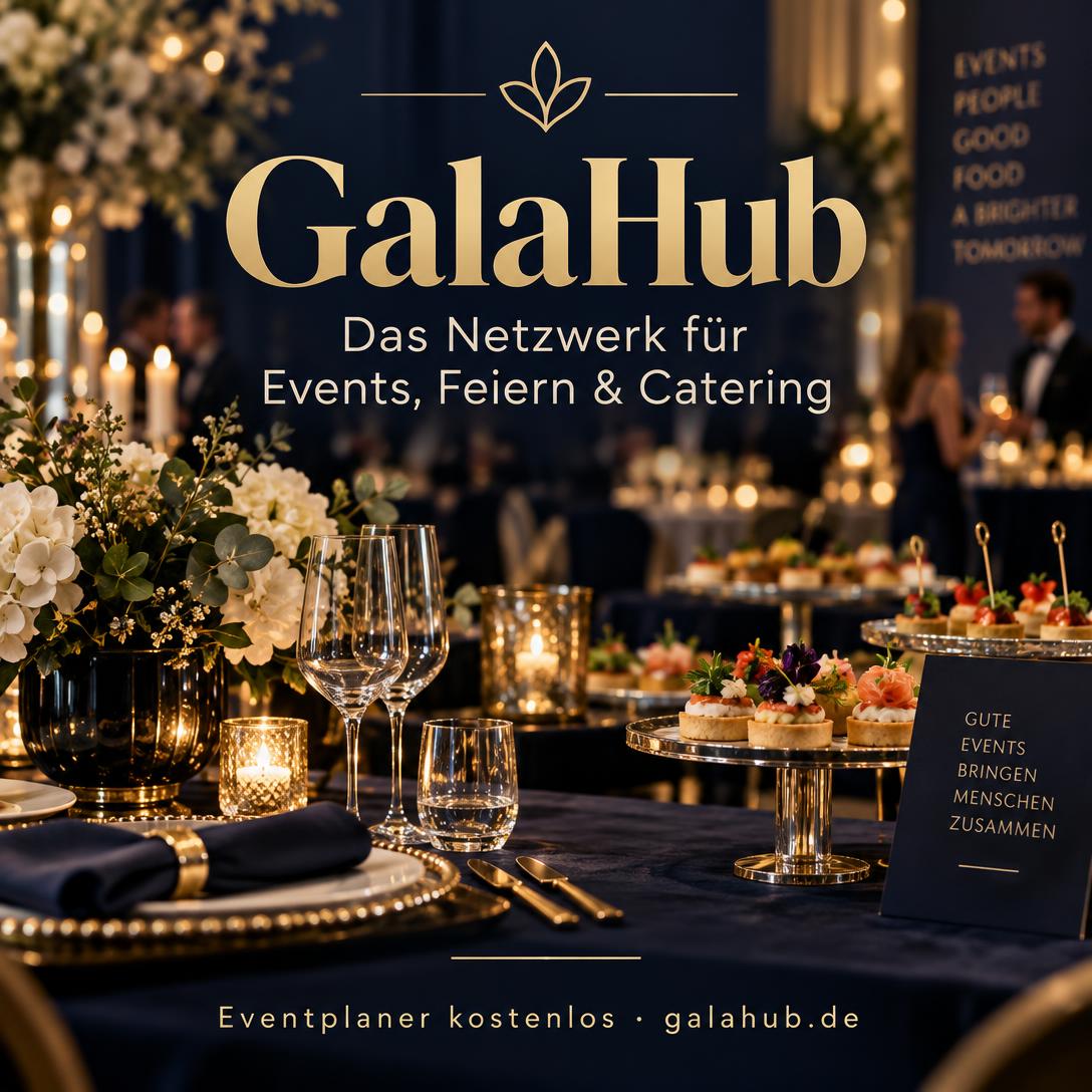 GalaHub Social-Media-Flyer: festlich gedeckte Gala-Tafel mit Fingerfood, Schriftzug GalaHub und Hinweis auf den kostenlosen Eventplaner