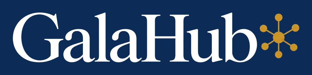 GalaHub Logo in Weiß und Gold auf dunkelblauem Grund